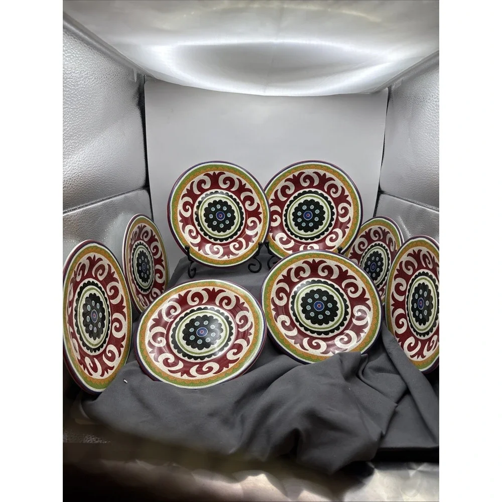 222 Fifth Happy Suzani Small Plate 6.25 Inch Salad Dessert Rd Gr Bl Ye Set Of 8